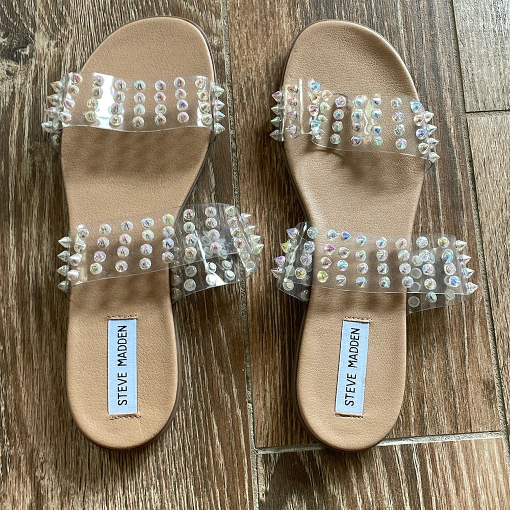 Steve Madden Clear Blizie Studded Sandals with Tan Footbed